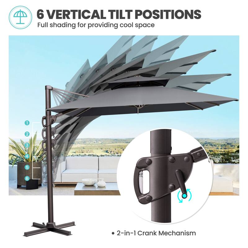 9 x 12 ft Double Top Patio Cantilever Umbrella with Base, 360-degree Rotation