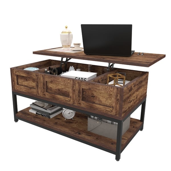 Coffee Table Liftable Desktop with Open Shelf Rustic Brown Bed Bath