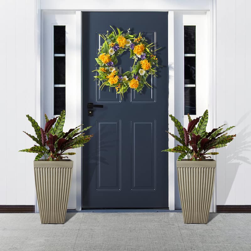 Glitzhome Set of 2 Eco-Friendly Oversized Faux Concrete Fluted Plant Pots Flower Planter Porch Decor