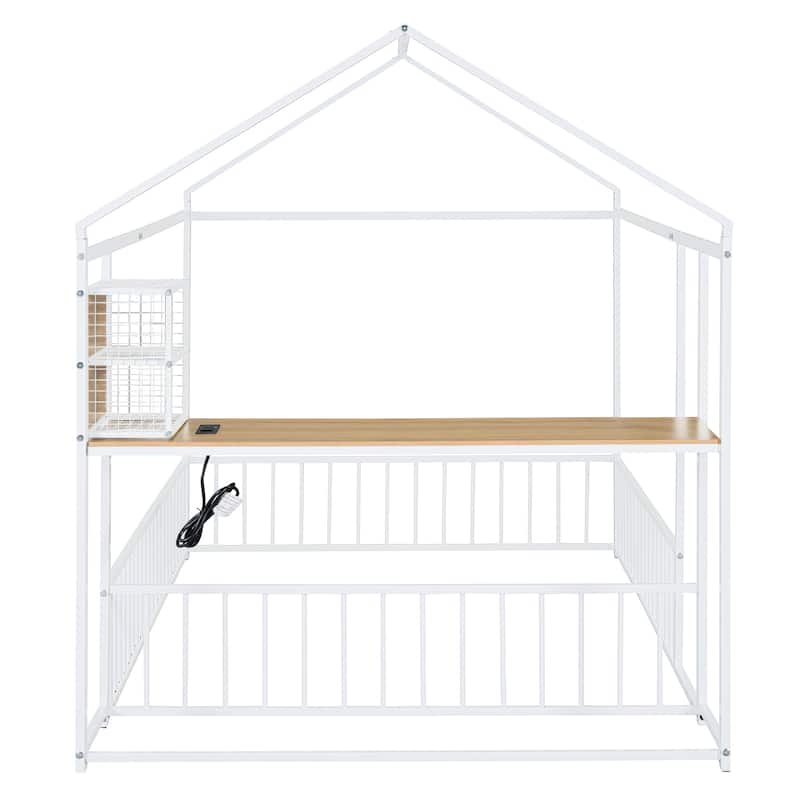 Full Size Metal House Platform Bed Frame with Built-In Desk, USB Charging And Storage Shelves