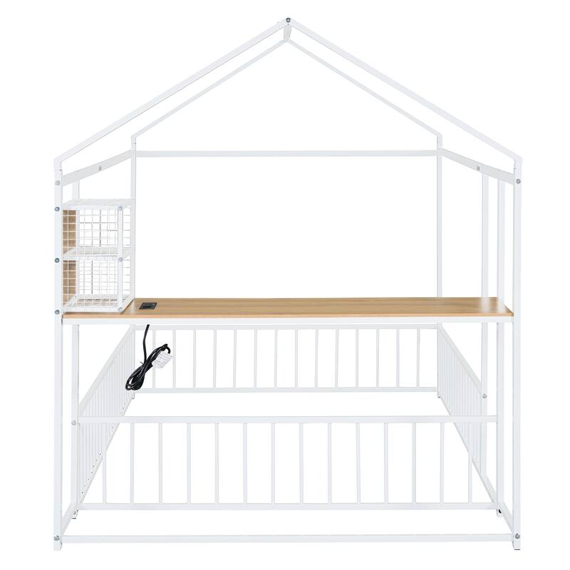 Metal House Bed Frame, Kids Montessori Bed Floor Bed with Side Desk, Power Outlets and USB Ports