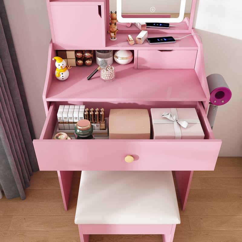 3-Color LED Vanity Mirror with Stool, Pink Dressing Table for Bedroom, 2 Drawers & 5 Storage Cabinets (4 Open + 1 Hidden)