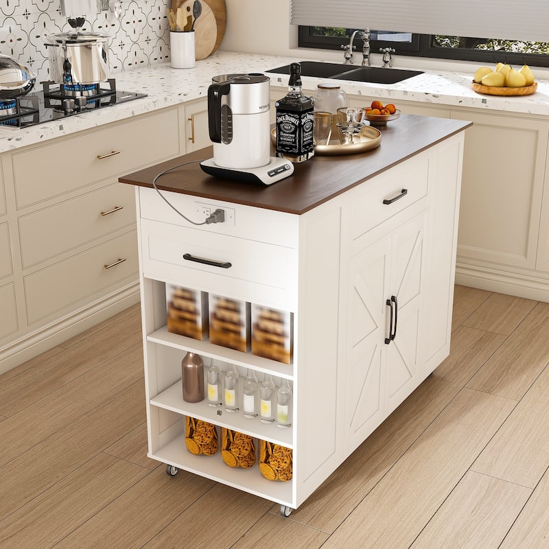 White MDF Kitchen Island Cart with Drawers, Cabinet and AC Outlets - 46.06" W x 22.05" D x 32.4" H