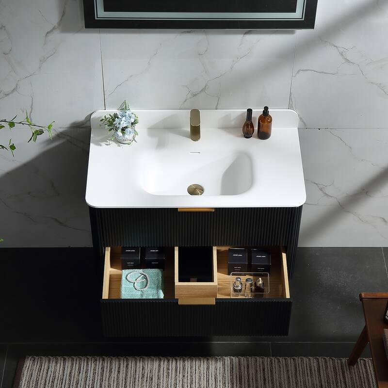 Modland Fluted Floating Vanity with Sink, Plywood Wall Mount Cabinet, Curved Edge, 24/30/36 Inch