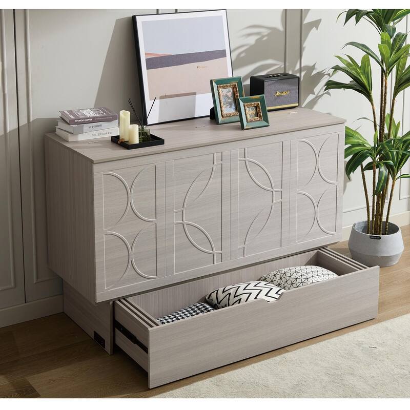 Queen Size Murphy Bed Cabinet with Storage Drawer, Folding Foam Mattress, USB & AC Charging Ports, and Smooth Glide Mechanism