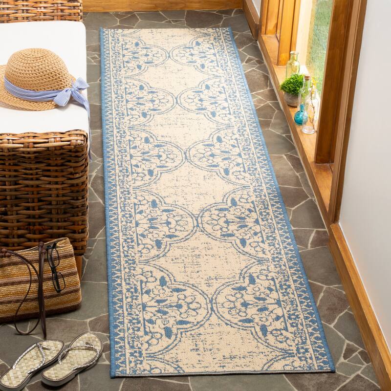 SAFAVIEH Linden Aysel Indoor/ Outdoor Waterproof Patio Backyard Rug - 2'2" x 8' Runner - Blue/Creme