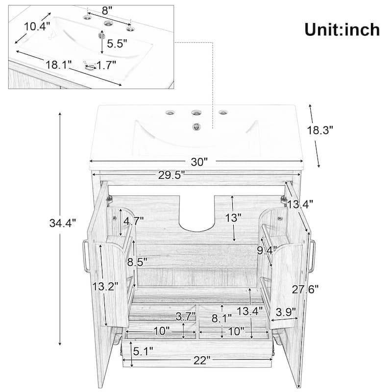 30" Bathroom Vanity with Sink Combo, Multi-functional Cabinet with Doors and Drawer, MDF Board