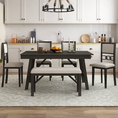 Farmhouse Solid Wood 6-Piece Dining Table Set Rectangular Kitchen Table Set with Upholstered Chairs and Bench