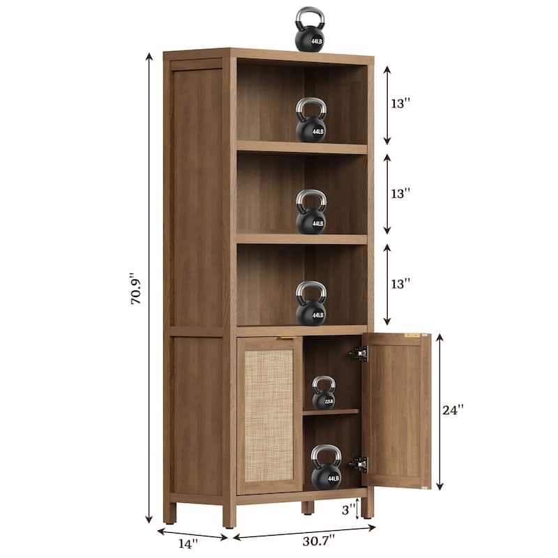 SICOTAS 5 Tier Adjustable Bookcase with Rattan Storage Cabinet