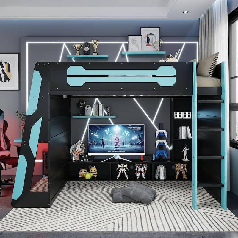 Full Loft Gaming Bed with Desk, RGB Light & Charging Station by Harper&Bright Designs