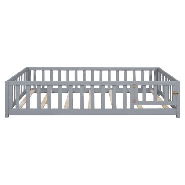 slide 2 of 7, Gray Full Platform Bed with Fence & Door - Montessori Design