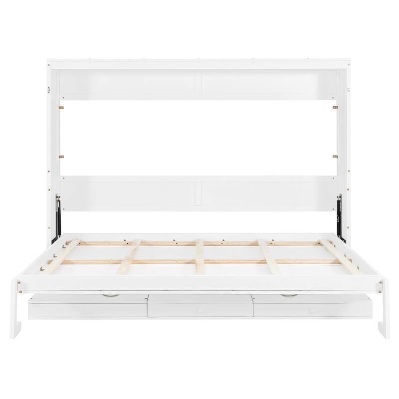 Foldable Wall Cabinet Bed Queen Size Hydraulic Lift Murphy Bed with Integrated Vanity Desk, Center Mirror and Side Drawers