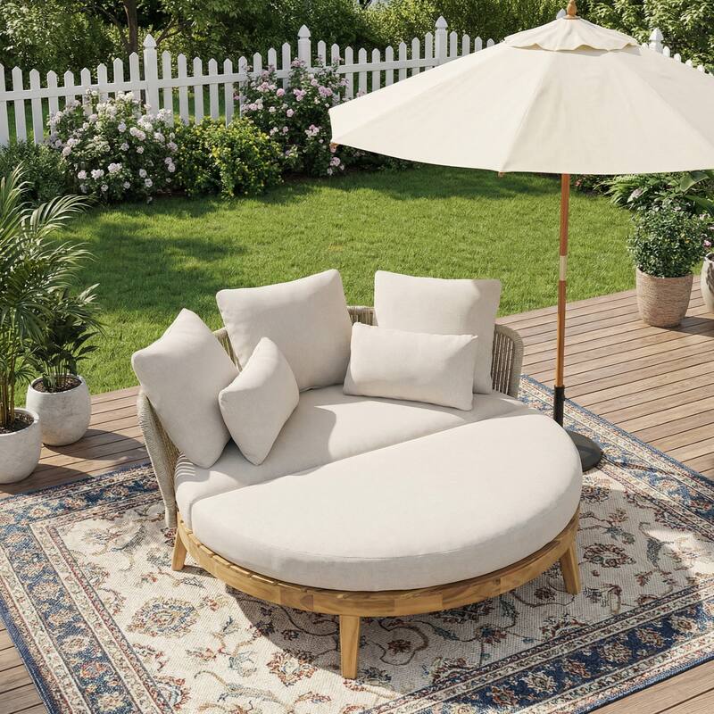 Christopher Knight Home - Martin 60" Coastal Outdoor Round Acacia Wood Daybed with Handwoven Rope Backrest & Cushions