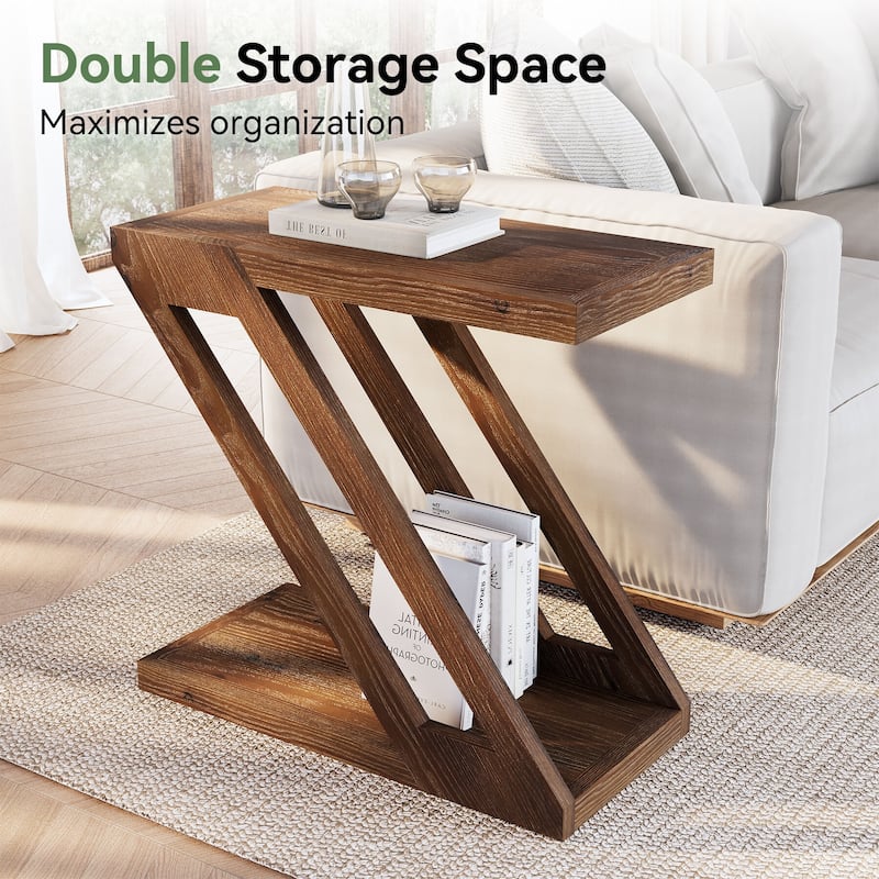 2-Tier Narrow End Table, Solid Wood Side Table