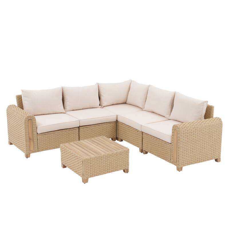 Outdoor Conversation Set L-Shaped Corner Sectional Sofa 6-Piece Patio Modular Sofa and Coffee Table PE Wicker Rattan Acacia Wood