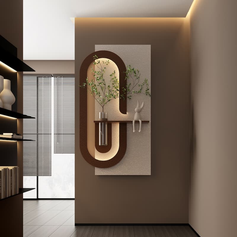 Roomfitters LED Sandstone Wall Art with 3D Vase, 3 Color Light Strip & Fake Rabbit Statue for Living Room, Light Coffee