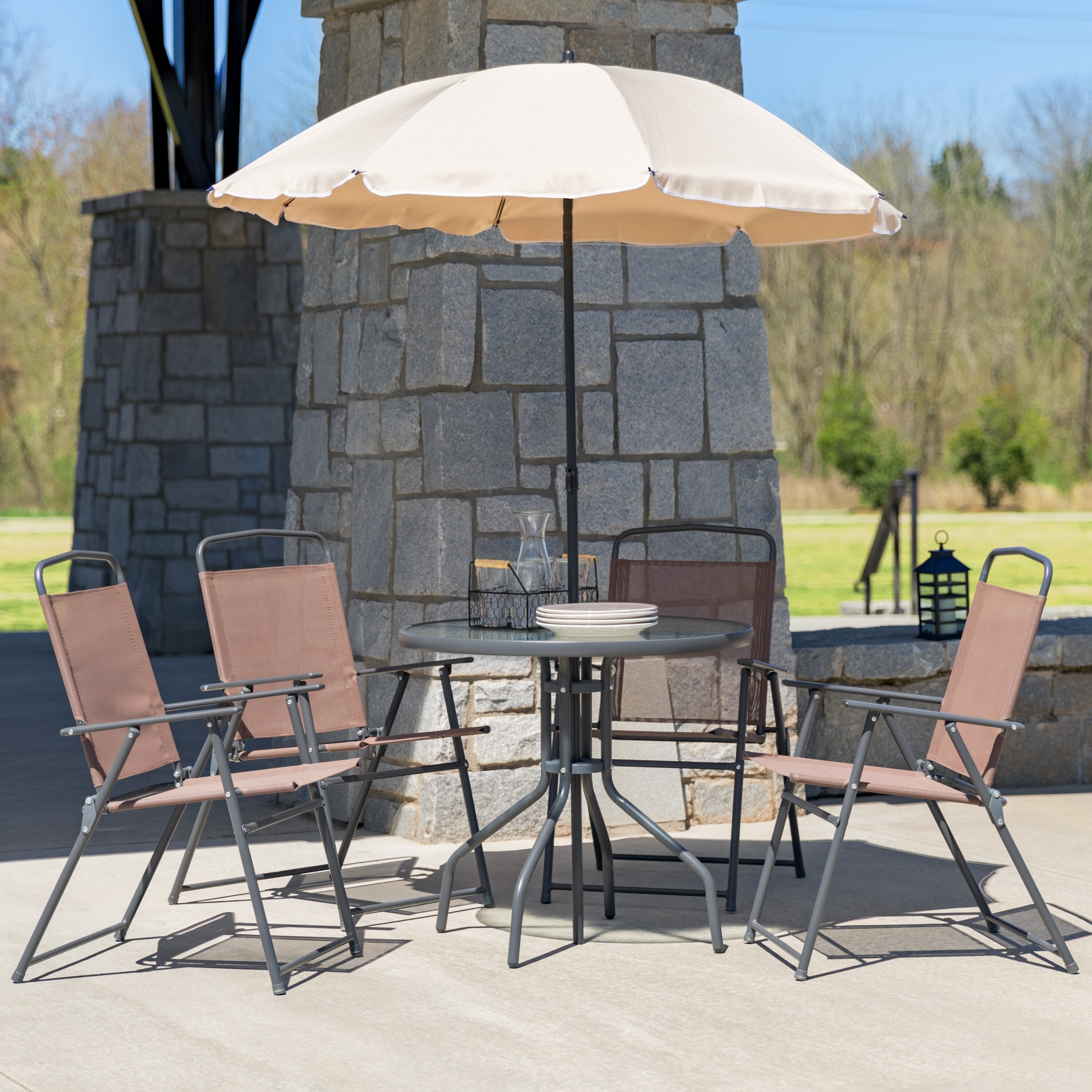 Shop Black Friday Deals On Nantucket 6 Piece Patio Garden Set With Table Umbrella And 4 Folding Chairs Overstock 22520030 Brown