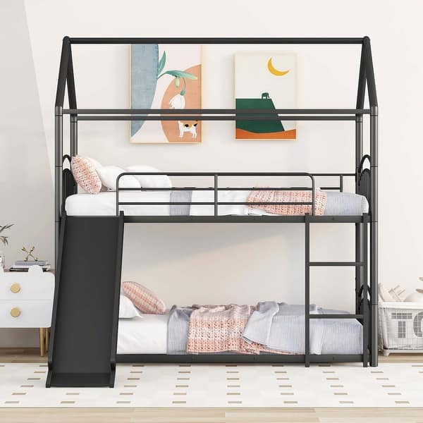 slide 2 of 11, Twin Over Twin Metal Bunk Bed With Slide,Kids House Bed Black Black