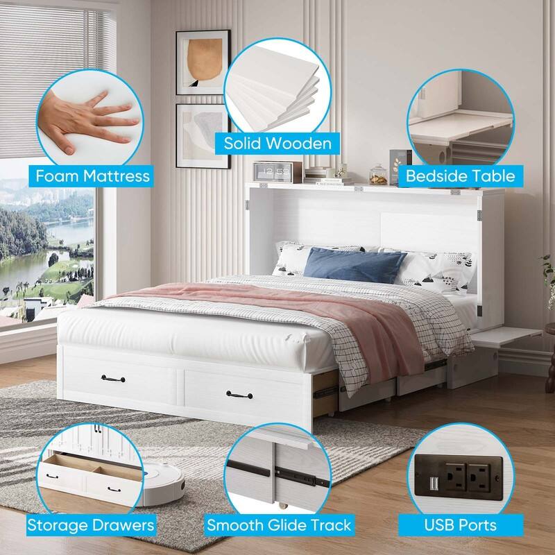 Mixoy Queen Murphy Bed Chest with Charging Station and Storage Drawer,No Mattress