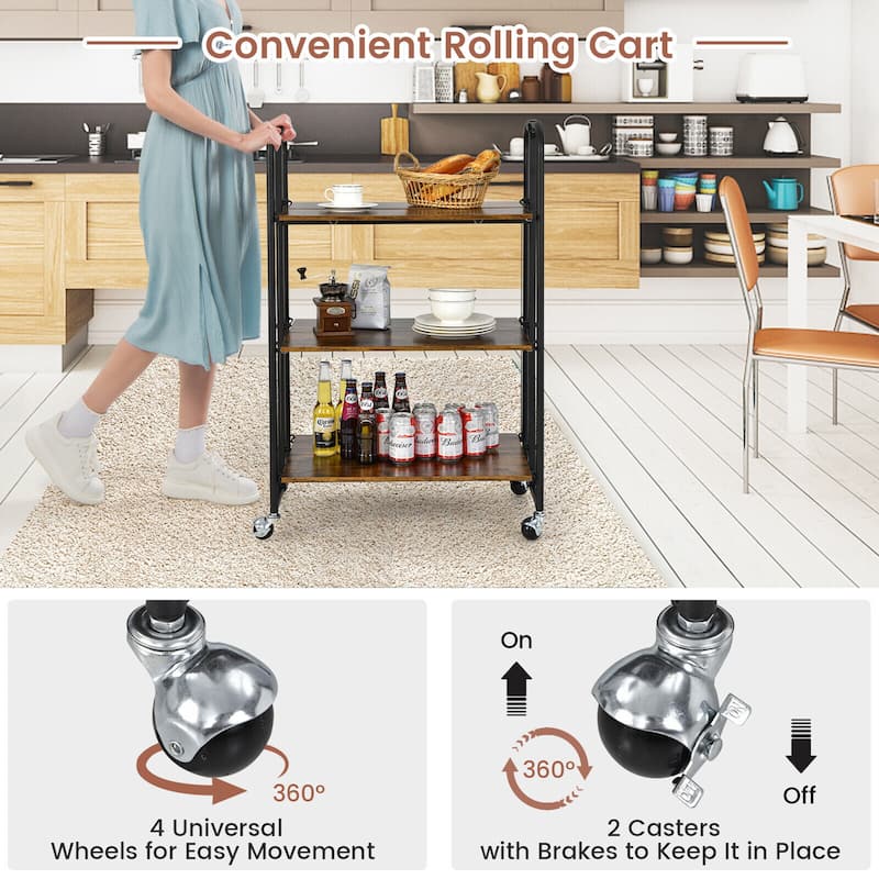 Gymax 3-Tier Folding Bar Cart Kitchen Serving Island Utility Cart