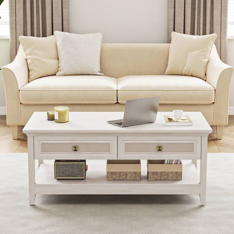Drawer Natural Rattan Coffee Table - White - MDF