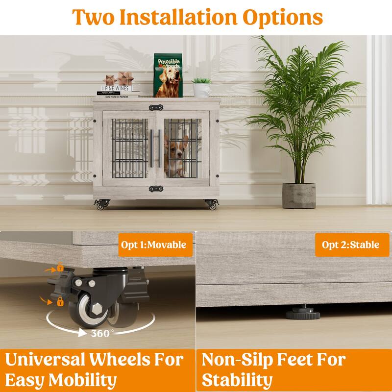 Dog Crate Indoor Heavy Duty Double Doors Wooden Dog Cage with Cushion