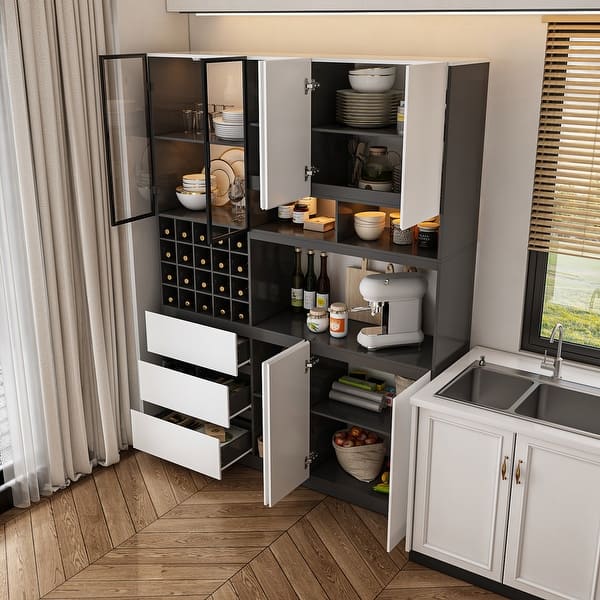 Bar Cabinet Glass Door Kitchen Hutch Cabinet Wine Glass Rack Light