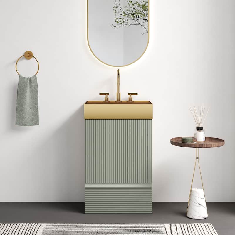 20" Striped Bathroom Vanity with Integrated Brushed Gold Stainless Steel Bathroom Sink, One-Piece Metal Basin without Faucet