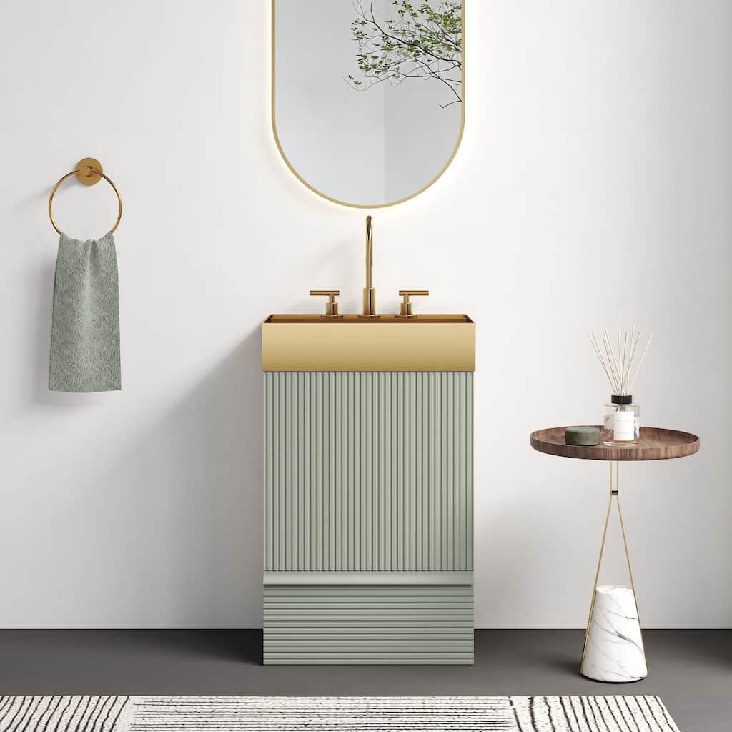 20" Striped Freestanding Bathroom Vanity with Ceramic Sink, Modern Bathroom Storage Cabinet