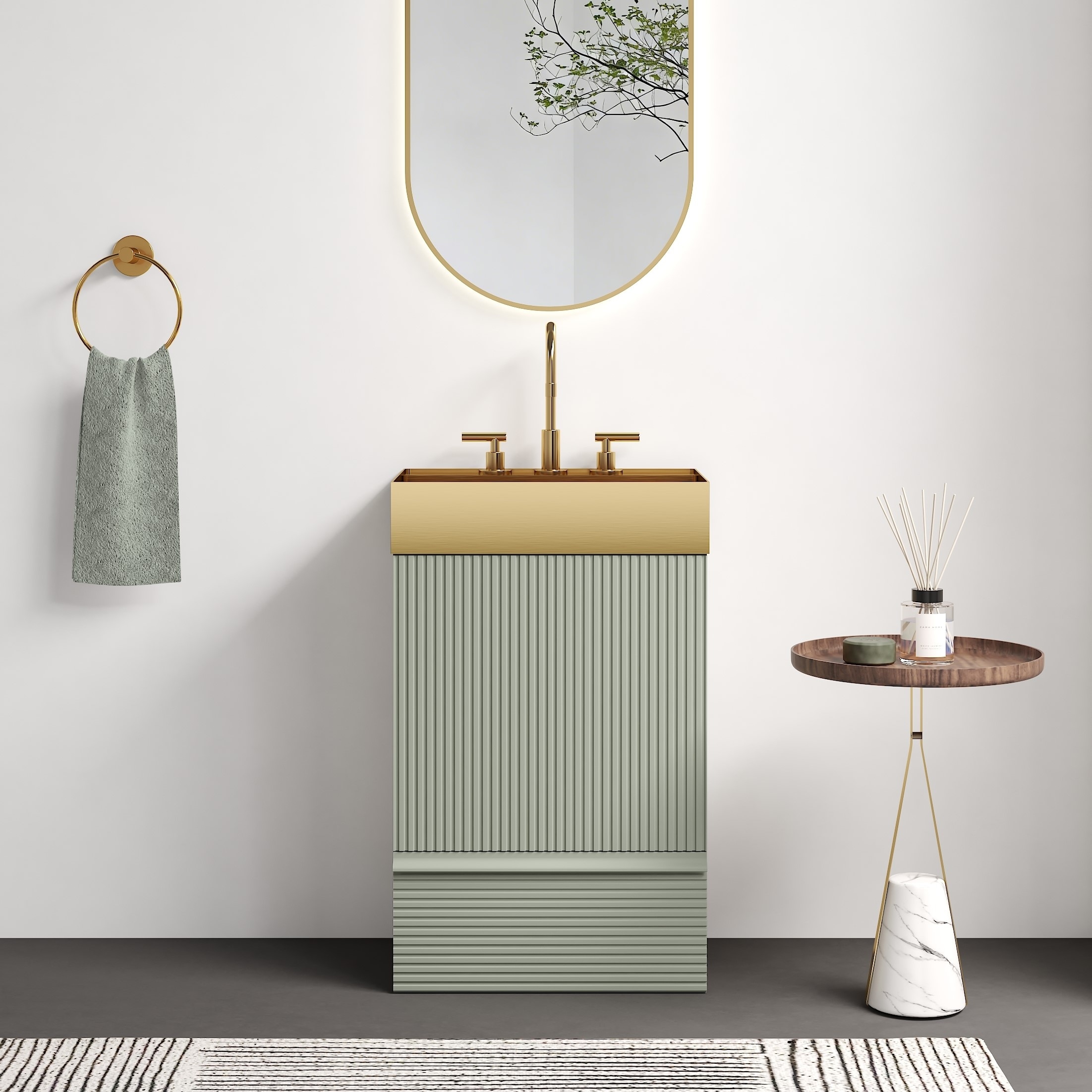20"Striped Bathroom Vanity with Integrated Brushed Gold Metal Vessel Bathroom Sink, One-Piece Gold Metal Basin without Faucet