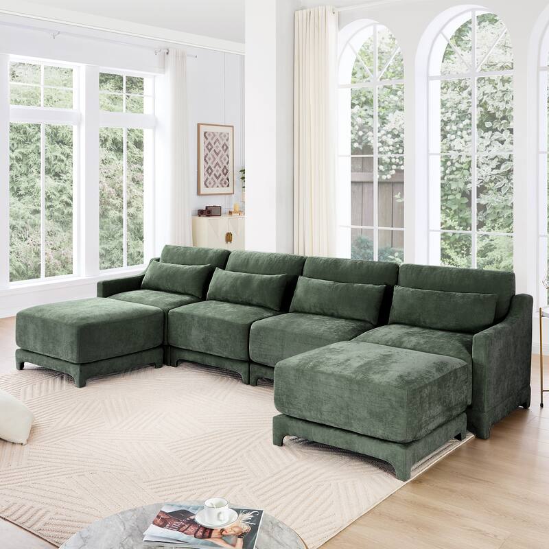 141.7" Chenille 4-Seater Sofa with Movable Ottoman & Solid Wood Frame - Green
