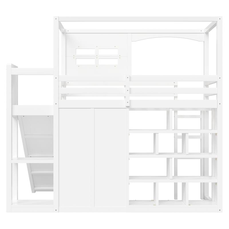 GDFStudio - Solid Wood Loft Bed with Wardrobe, Slide, Storage Shelves & LED