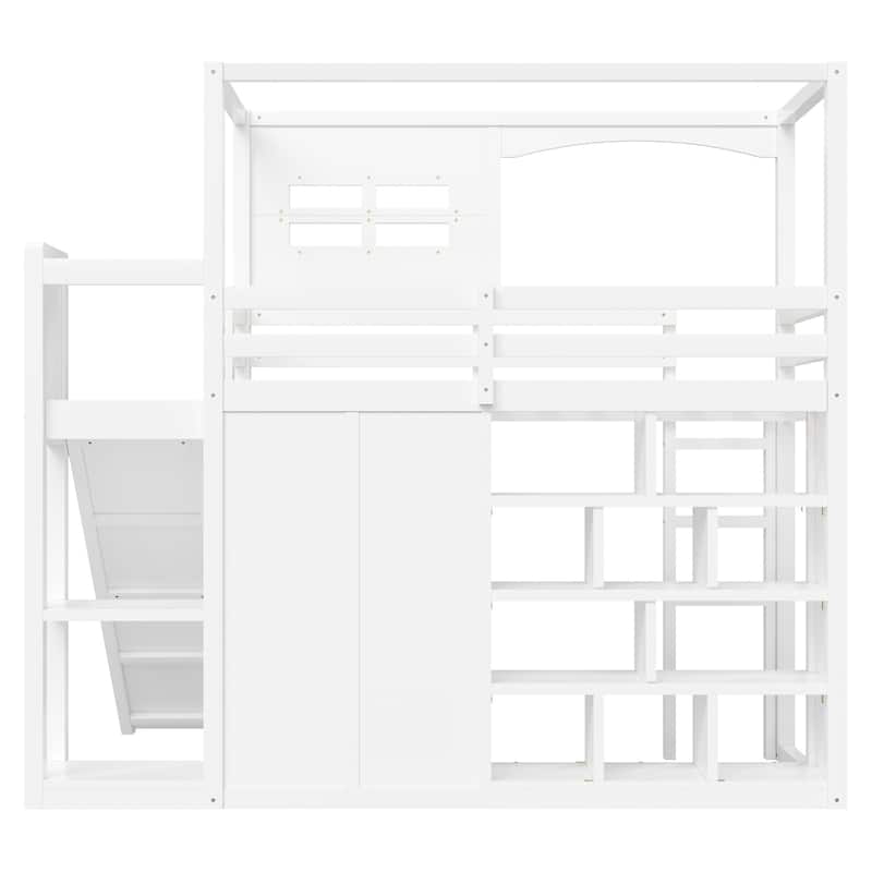 White Twin Size Wood Loft Bed with Slide, Wardrobe, Storage Shelves, LED Light, and House Frame