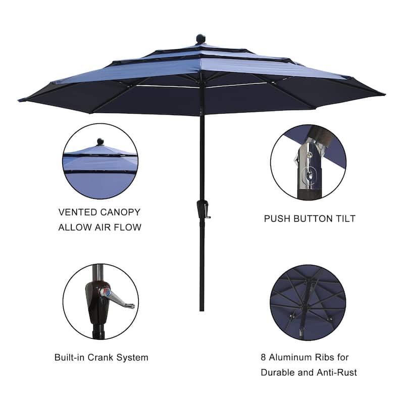 Clihome 10FT 3-Tiers Vented Round Market Umbrella with Crank Lift