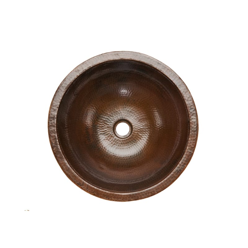 17" Round Skirted Vessel Hammered Copper Sink, Matching Drain and Accessories