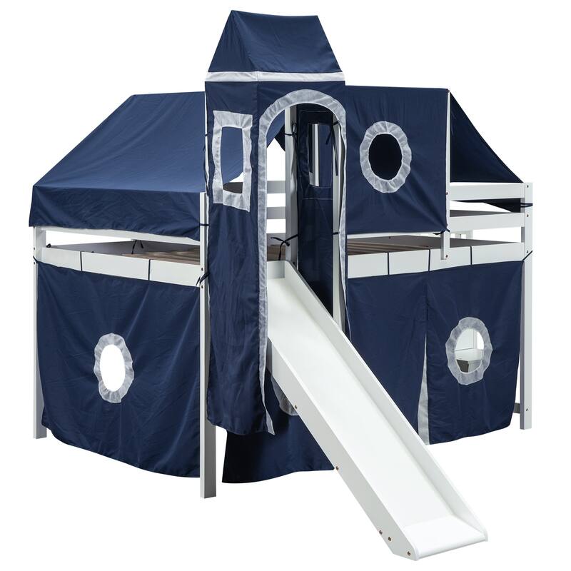 Full Size Loft Bed with Tent and Tower with Storage Stairs and Slide