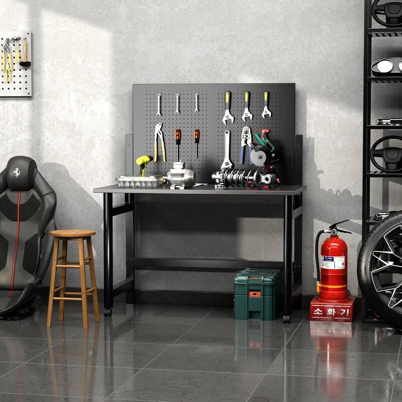 Heavy-Duty Wall-Mounted Workbench with Pegboard for Garage, Workshop - N/A