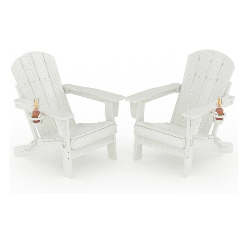 2-Pack Folding Adirondack Chairs HDPE All-Weather Outdoor Seating with Cup Holder and Wood-Look Texture - White