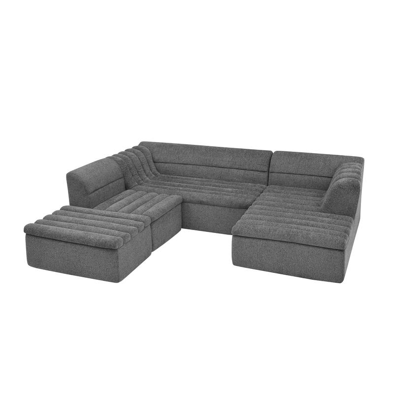 Roomfitters U-Shaped Modular Sectional Sofa with Chaise and Movable Ottoman, Chenille Upholstery and Wave-Shaped Armrest
