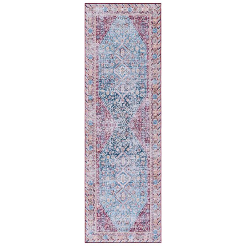 SAFAVIEH Tucson Machine Washable Slip Resistant Celestine Traditional Rug - 2'6" x 8' Runner - Blue/Red