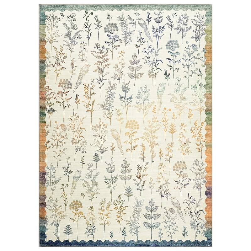 Botanical Washable Area Rug Modern Bird Pattern Rug Soft Non-Slip Low Pile Rugs for Living Room Bedroom