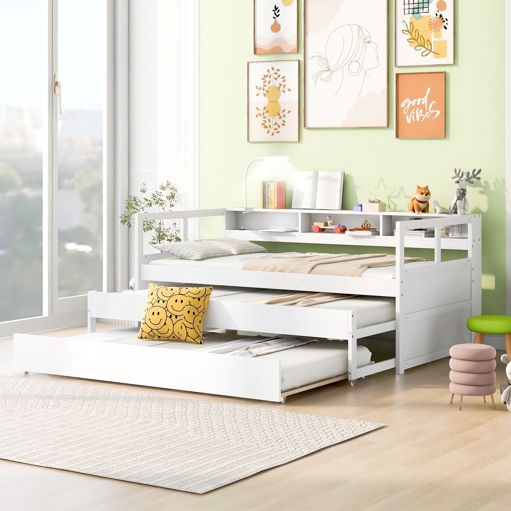 Twin XL Size White Solid Wood Daybed with 2 Trundles 3 Storage Cubbies 1 Light for Free and USB Charging Design Bed Bath Beyond 40866217