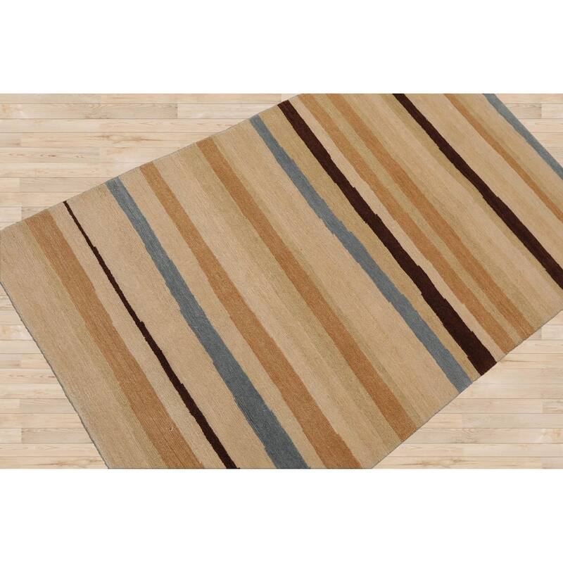 Hand Knotted Tibetan Beige,Tan Striped Wool Modern Oriental Area Rug - 3' x 5'