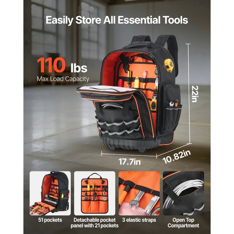 Heavy Duty Rolling Tool Bag with 72 Pockets for Easy Organization - 17.7 x 10.82 x 22 in