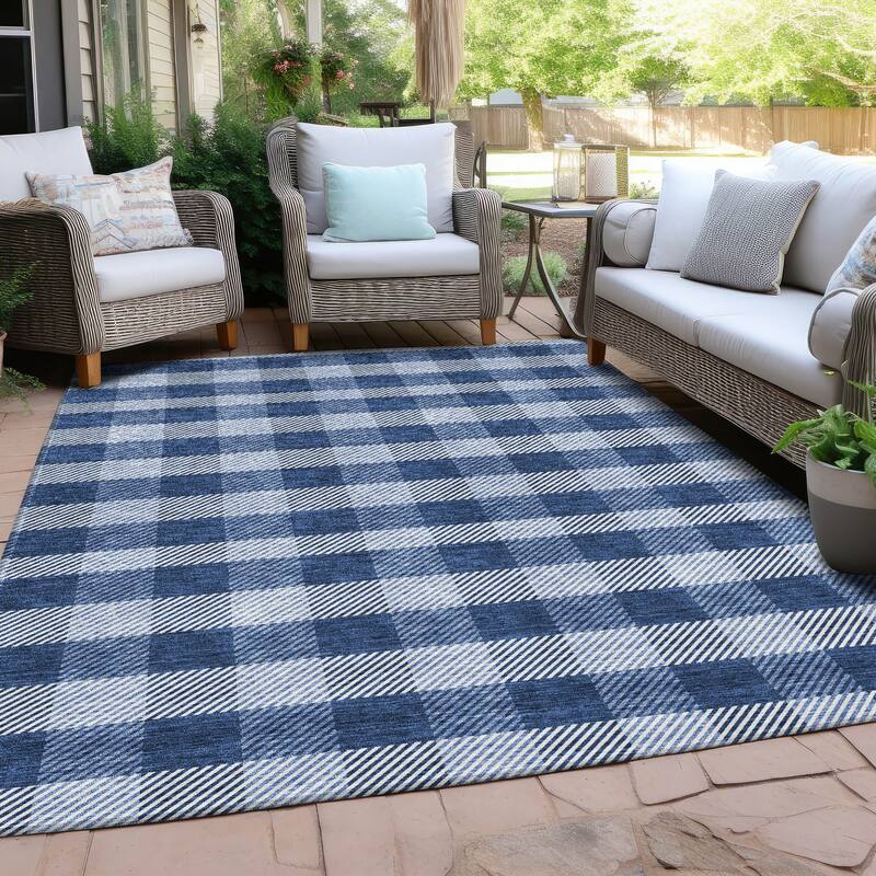 Machine Washable Indoor/ Outdoor Chantille Plaid Stripe Rug - Navy - 3' x 5'