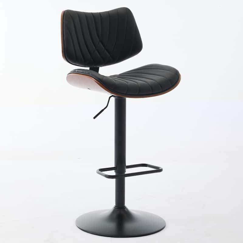 Walnut Bentwood Bar Stools Mid Century Modern Adjustable Counter Height Black Leather Upholstered 360°Swivel Bar Chairs