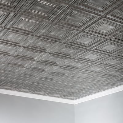 FASÄDE Portrait Decorative Vinyl 2ft x 4ft Glue Up Ceiling Panel in Crosshatch Silver (5 Pack)