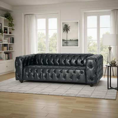 Arlo Sofa, Chesterfield Tufted Black Faux Leather Upholstery, Wood, 84 Inch