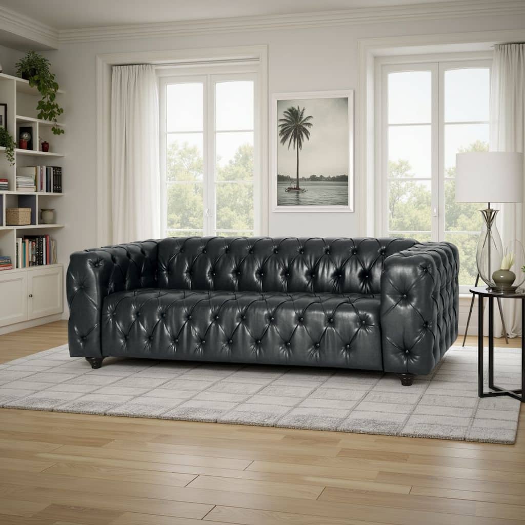 Arlo Sofa, Chesterfield Tufted Black Faux Leather Upholstery, Wood, 84 Inch