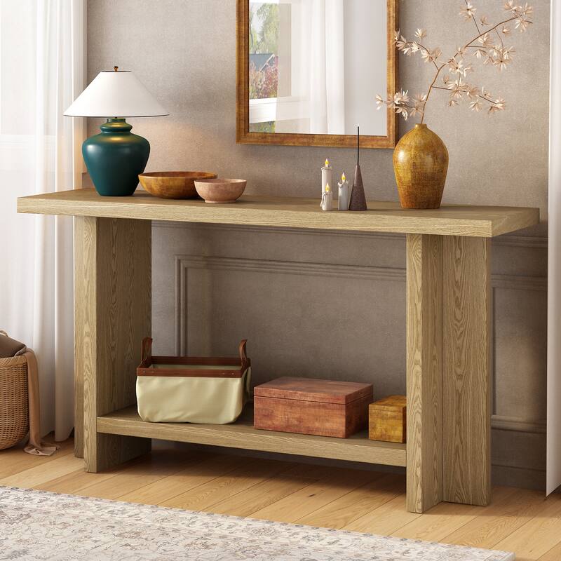 60" Console Table with T-Leg Base & Ash Veneer, Modern Style - Natural